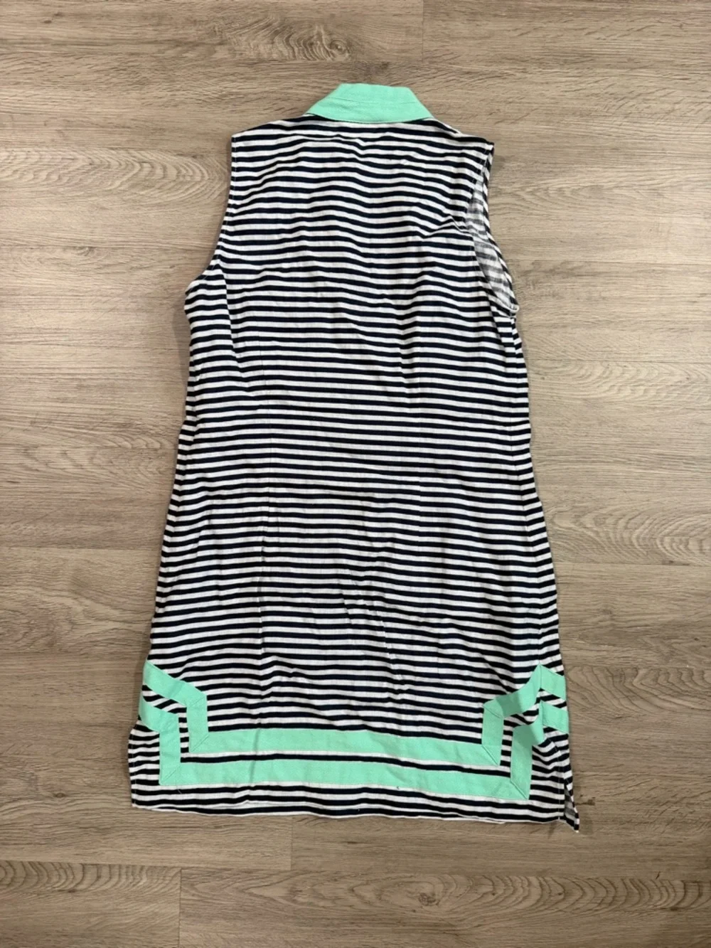 SAIL TO SABLE Linen Classic Sleeveless TUNIC DRESS Navy Stripe Mint M